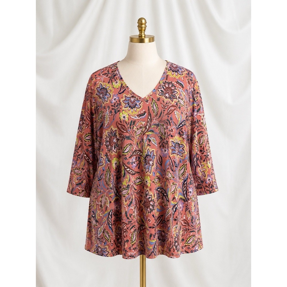Denim & Co Printed Heavenly Jersey V-Neck 3/4 Sleeve Top Pink A568440 Size 3X
